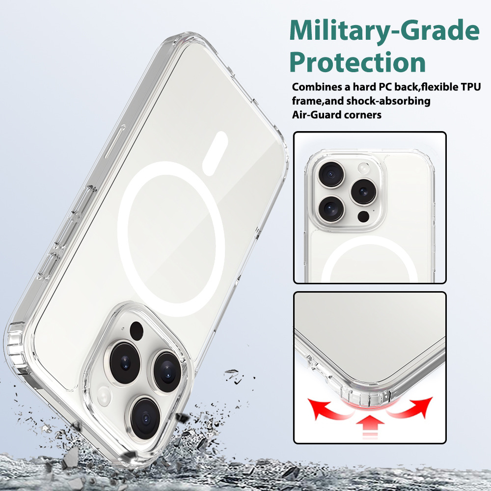 Magnetic Transparent Phone Cases for iPhone 17 Pro Max Air iPhone 16 Plus with Slim Military Grade Drop Protection Rugged Shockproof Protective Cell P
