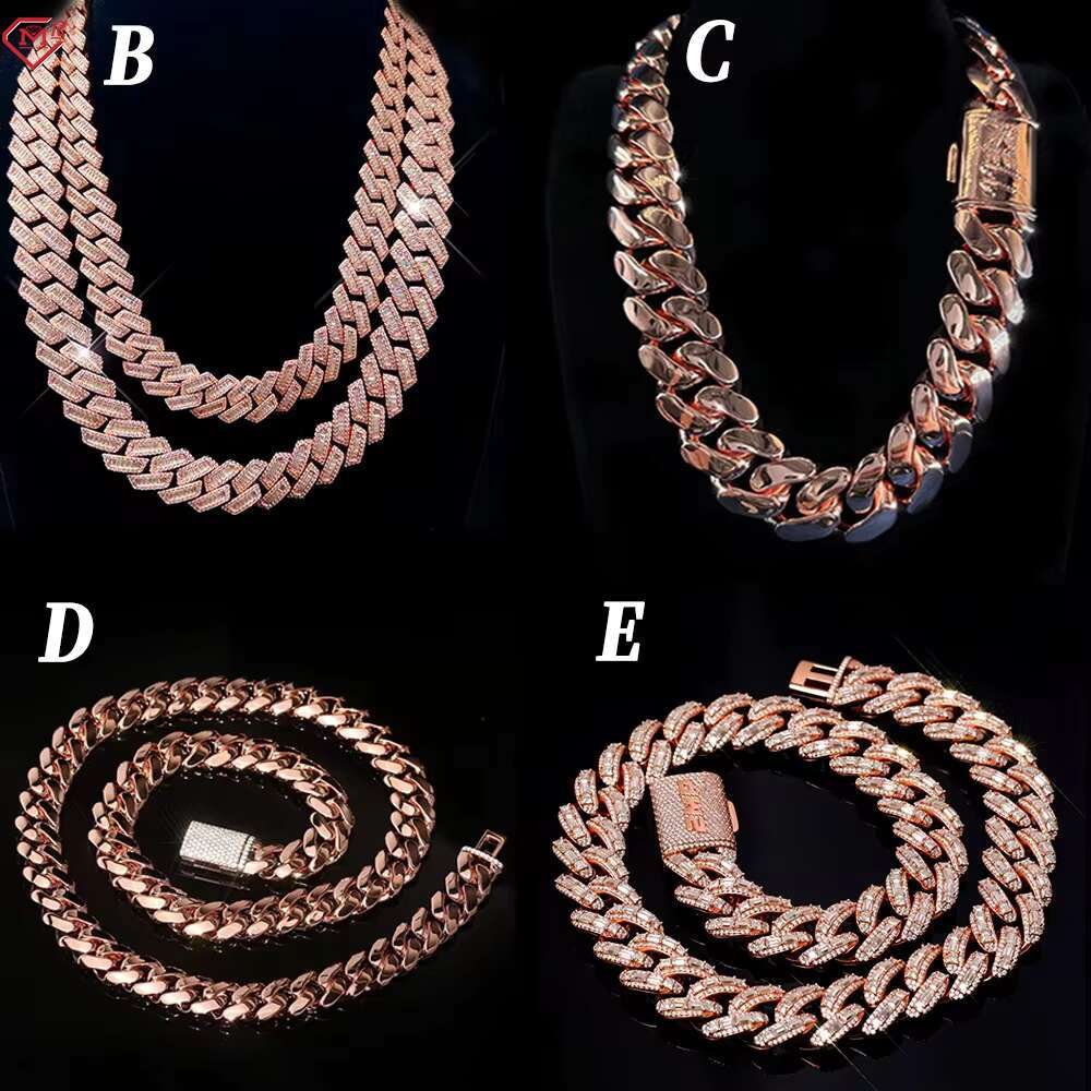 Rose Gold Moissanite Cuban Chain Pass Tester Vvs Diamond Iced 925 Silver Miami Cuban Link Chain