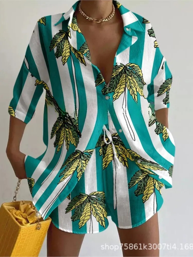 Short sleeved collar bohemian topshorts 2piece set for womens fashionable springsummer floral print seaside vacation women 250313