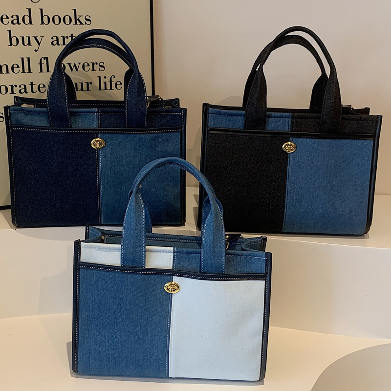 2025S Designer Women S Bag Denim Handheld Women S New Fashionable Color Contrast Splicing Single Shoulder Crossbody Commuter Leisure Tote Bag