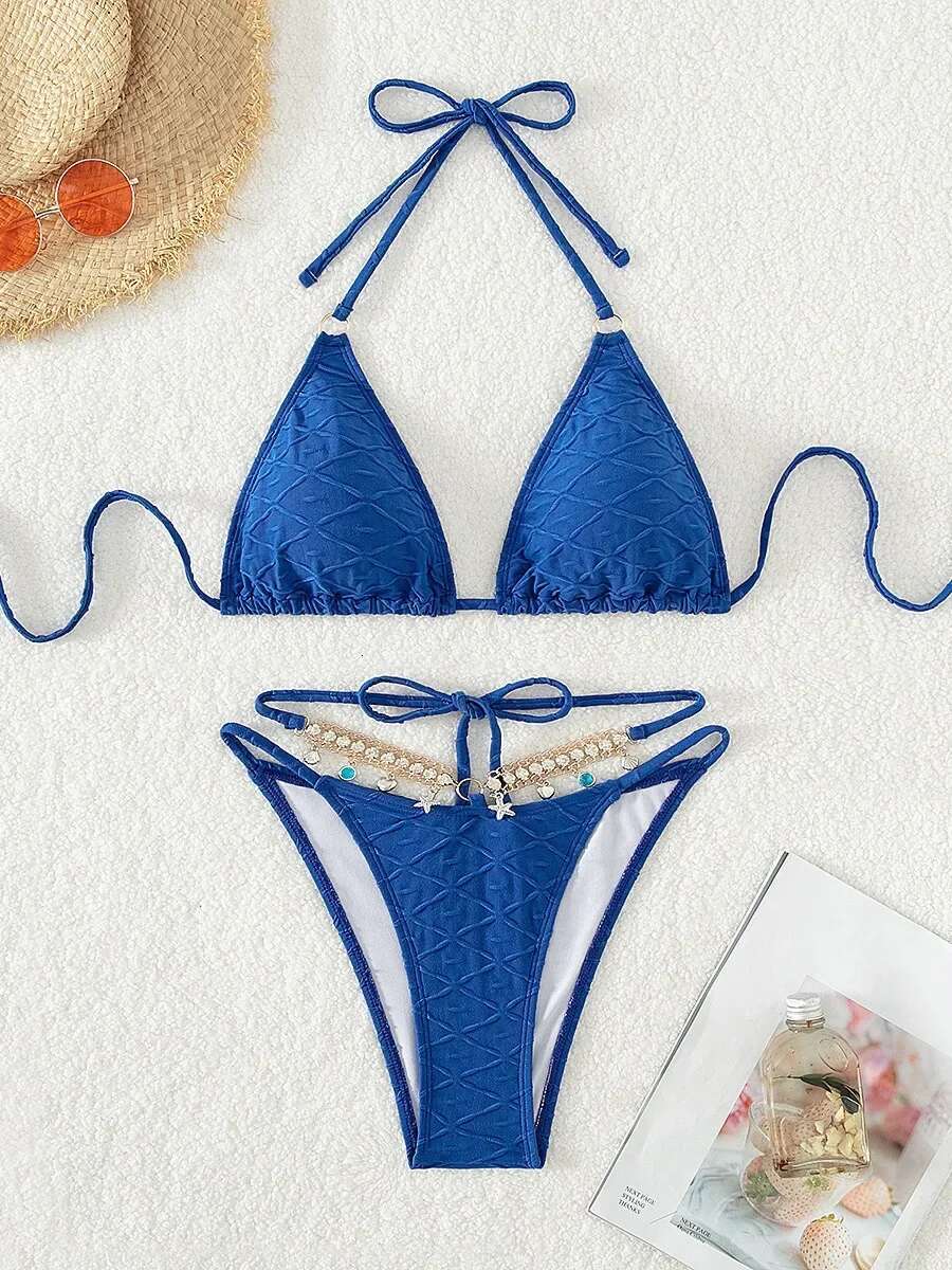 Dongdumaoyi Luxury Rhinestone Bikini Women Sexy Hollow Out Push Up Micro Swimsuit Beach Bathing Suit Metal Chain High Waist Swimwear