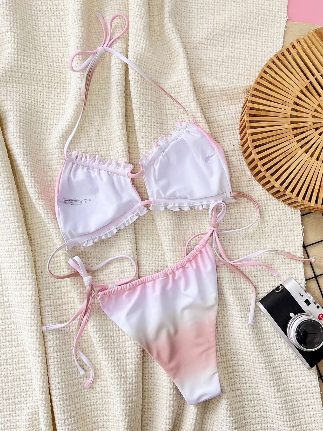 Dongdumaoyi Sexy Pink Gradient Bikini Mujer Women Halter Pleate Push Up Micro Swimsuit Beach Bathing Suit Tie Side Triangle Swimwear