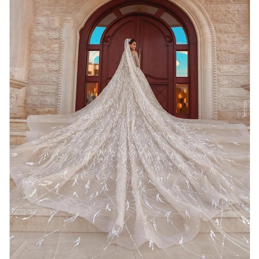 Customized Ball Gown V Neck Arabia Wedding Dresses Sparkly Glitter Long Sleeve Sequin Beaded Sweep Train Bridal Gowns