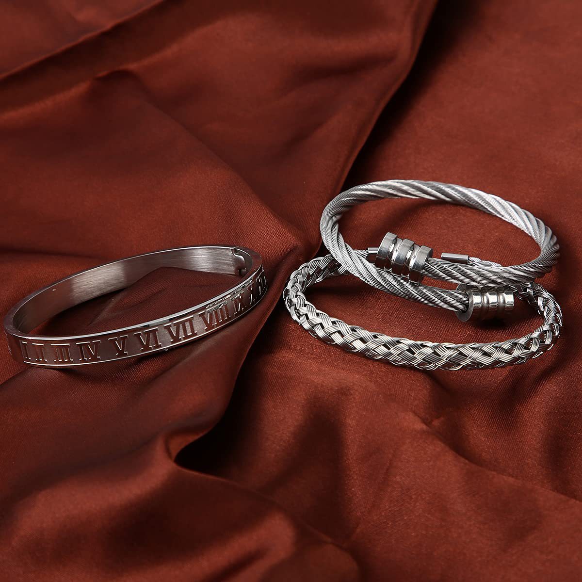 3-piece combination stainless steel woven for men, Roman numeral bracelet, twisted rope adjustable cuff bracelet