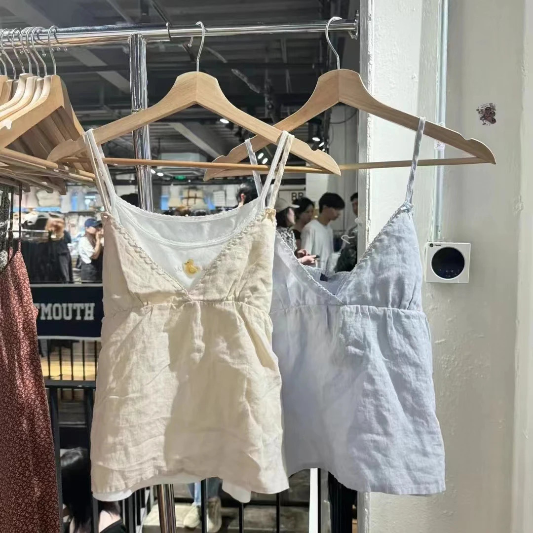 Womens summer sweet crop top sleeveless Vneck shoulder strap solid vest simple Y2k casual Versatile 250407