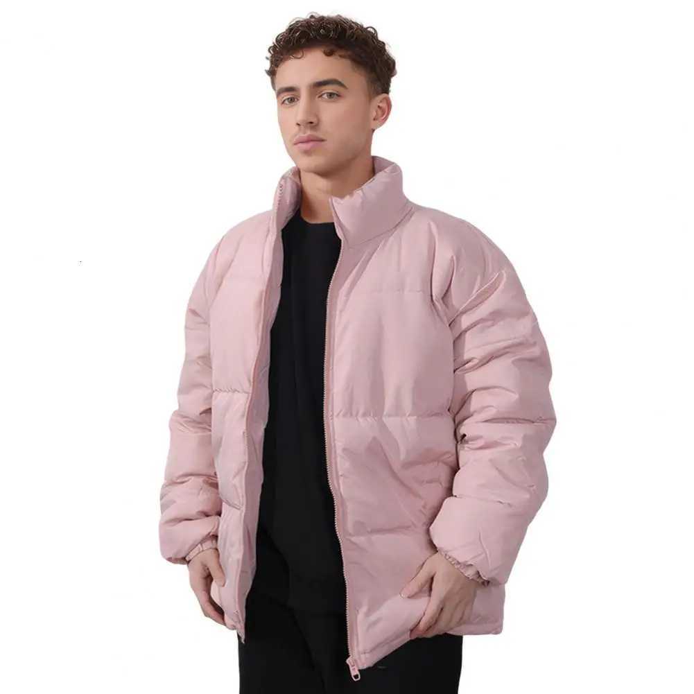 Solid Color Hooded Coat Mens Winter Cotton Down Coat with Stand Collar Pockets Thickened Warm Outerwear for Cold Weather MenT251107