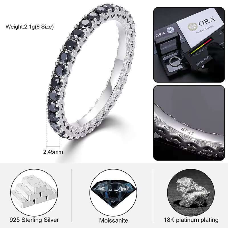 Wholesale Fine Jewelry Dainty 2.45mm 925 Sterling Silver 1 Row Black D Color VVS Moissanite Diamond Tennis Band Ring