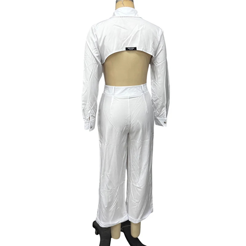 Wefads 2piece womens matching set fashionable long sleeved solid collar single chest button backless shirt straight pants 250407