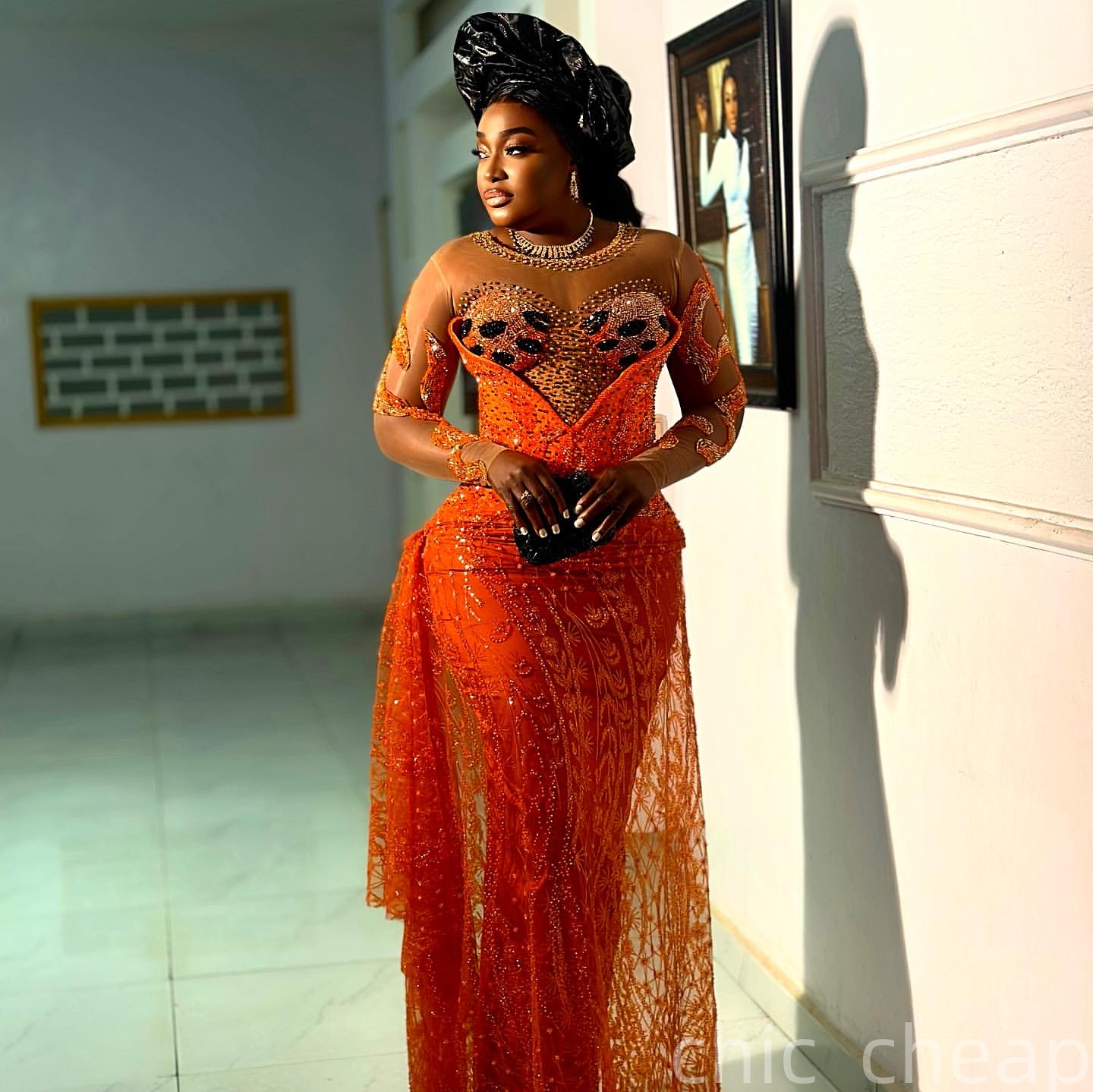 Aso Ebi Sheath Orange Prom Dresses 2026 Beaded Sheer Neck Full Sleeves Evening Formal Party Second Birthday Engagement Gowns Plus Size Dress For Speci