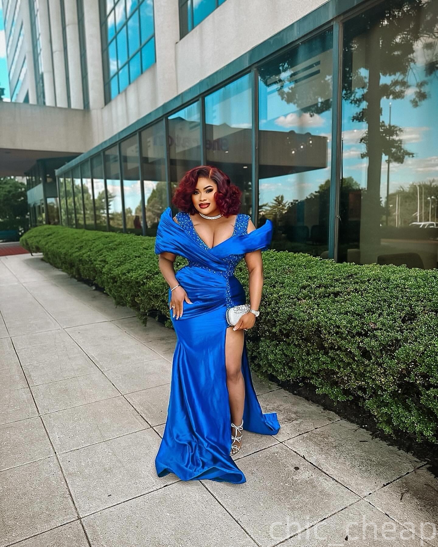 Aso Ebi Royal Blue Mermaid Prom Dresses 2026 Deep V-neck High Split Evening Formal Party Second Birthday Engagement Gowns Plus Size Dress For Special 