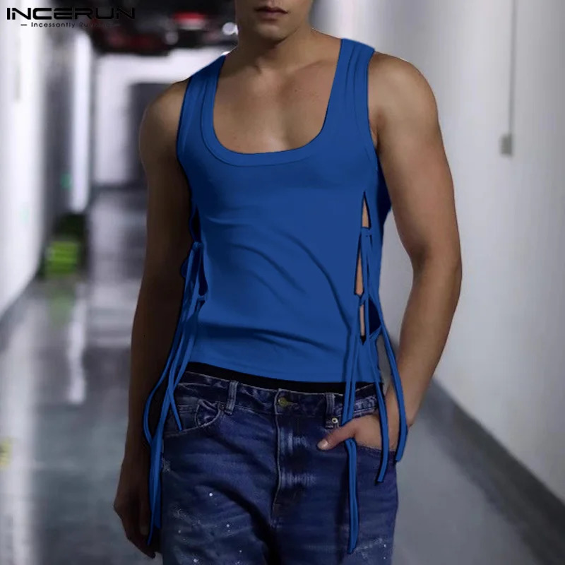 Mens Tank Top Solid Color Hollow Lace Street Clothing Mens Summer Sexy Fitness Mens Tank Top S-5XL INCERUN 250403