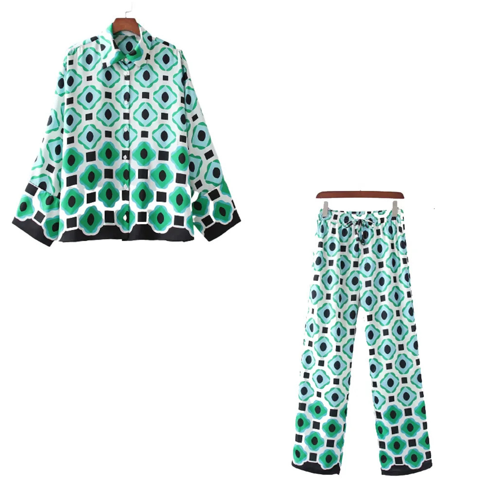 Xikom Summer Womens Retro Two Piece Bohemian Printed Loose Collar Shirt Elastic High Waist Casual Mens Pants Set 250313