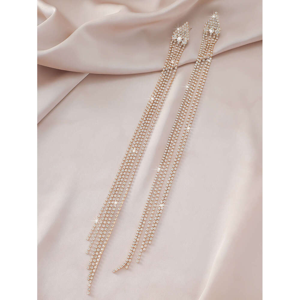 Super immortal elegant triangle long tassel gold rhie for brides, fashionable and versatile, exaggerated personality earrings