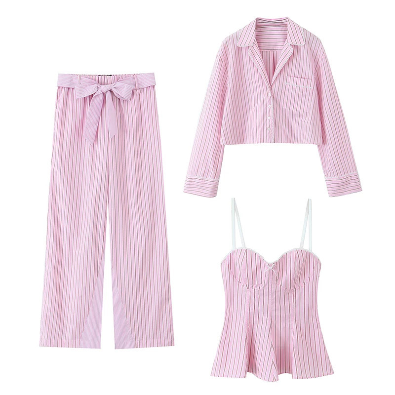 Willshela Womens Fashion 3Piece Pink Striped Shirt and Retro Trousers with Belt Thin Top Femle Chic Pants Set 250407