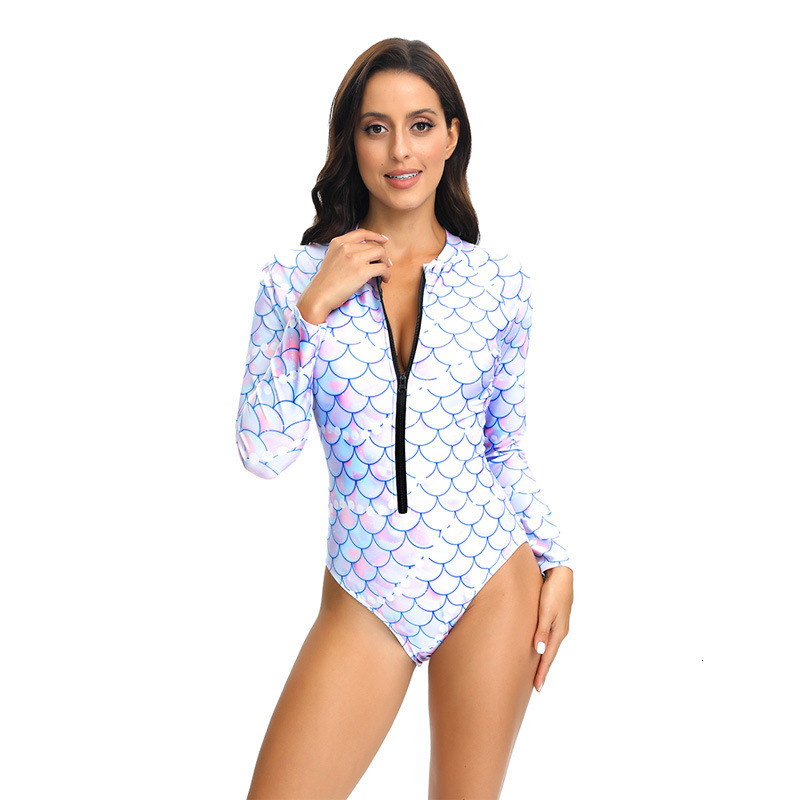 New one-piece long sleeved zipper fish scale print fashion trend surfing suit women's swimsuit