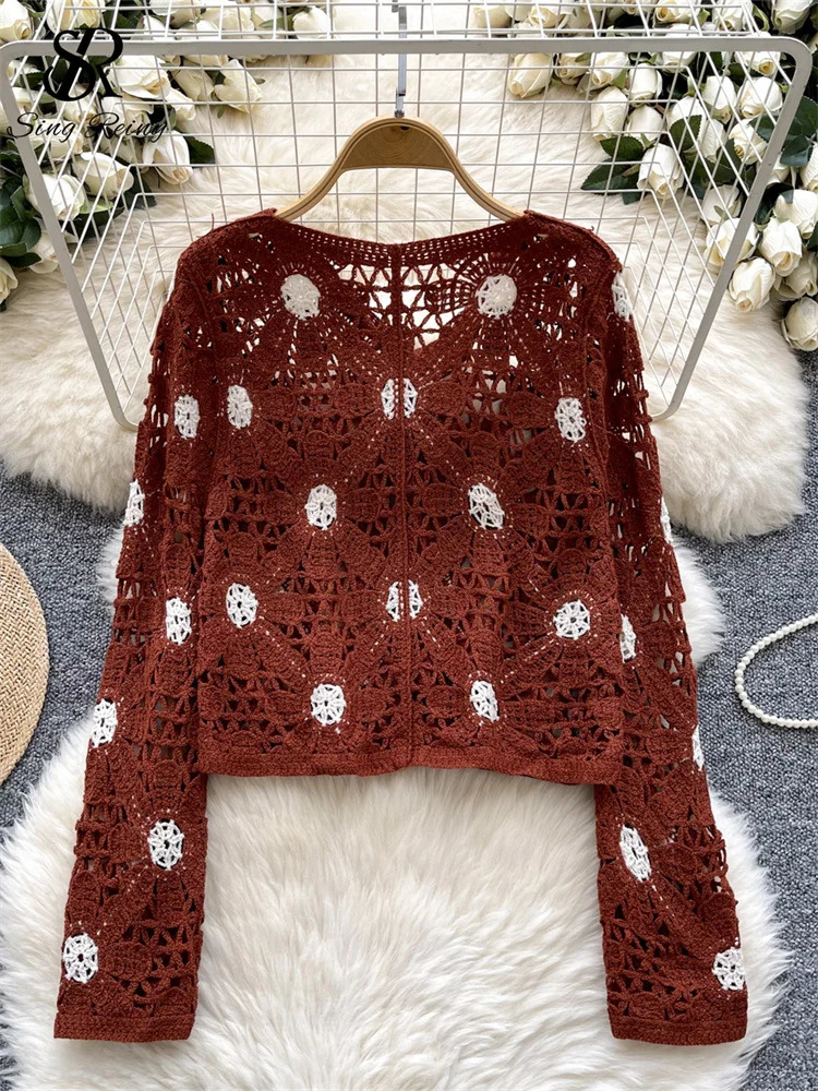 Singreiny Fashion Senior Beach Shirt Single Chest Full Sleeve Loose Coat Hook Flower Hollow Unique Knitted Casual Top 250407