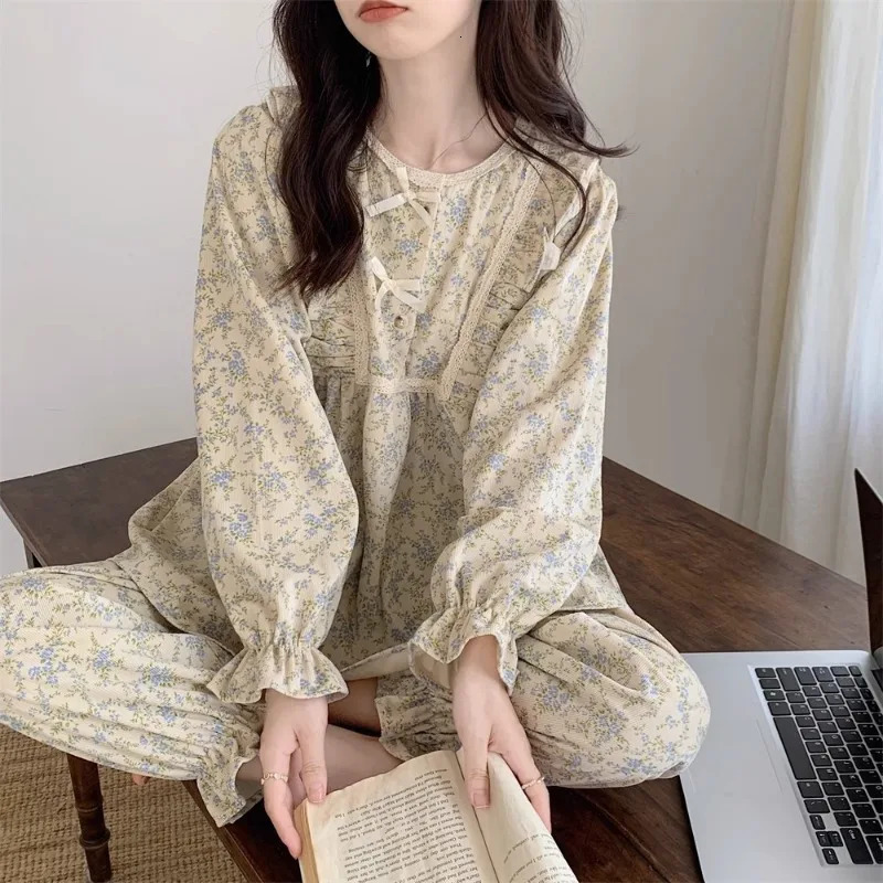 Womens plus size pajamas garden style student home clothes twopiece Korean bow can be worn on long sleeved women 250313