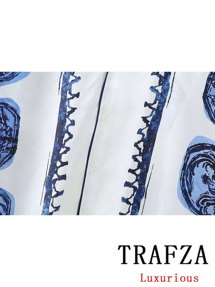TRAFZA Retro Casual Printed Womens Set Single Chest Vneck ShirtLoose Wide Leg Pants Fashion Autumn 250313