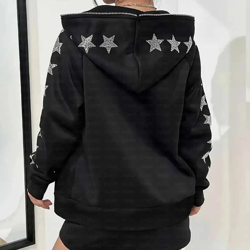 Y2K rhinestone zipper oversized sweater for women autumn Gothic hooded sweatshirt black jacket streetwear tops 250403