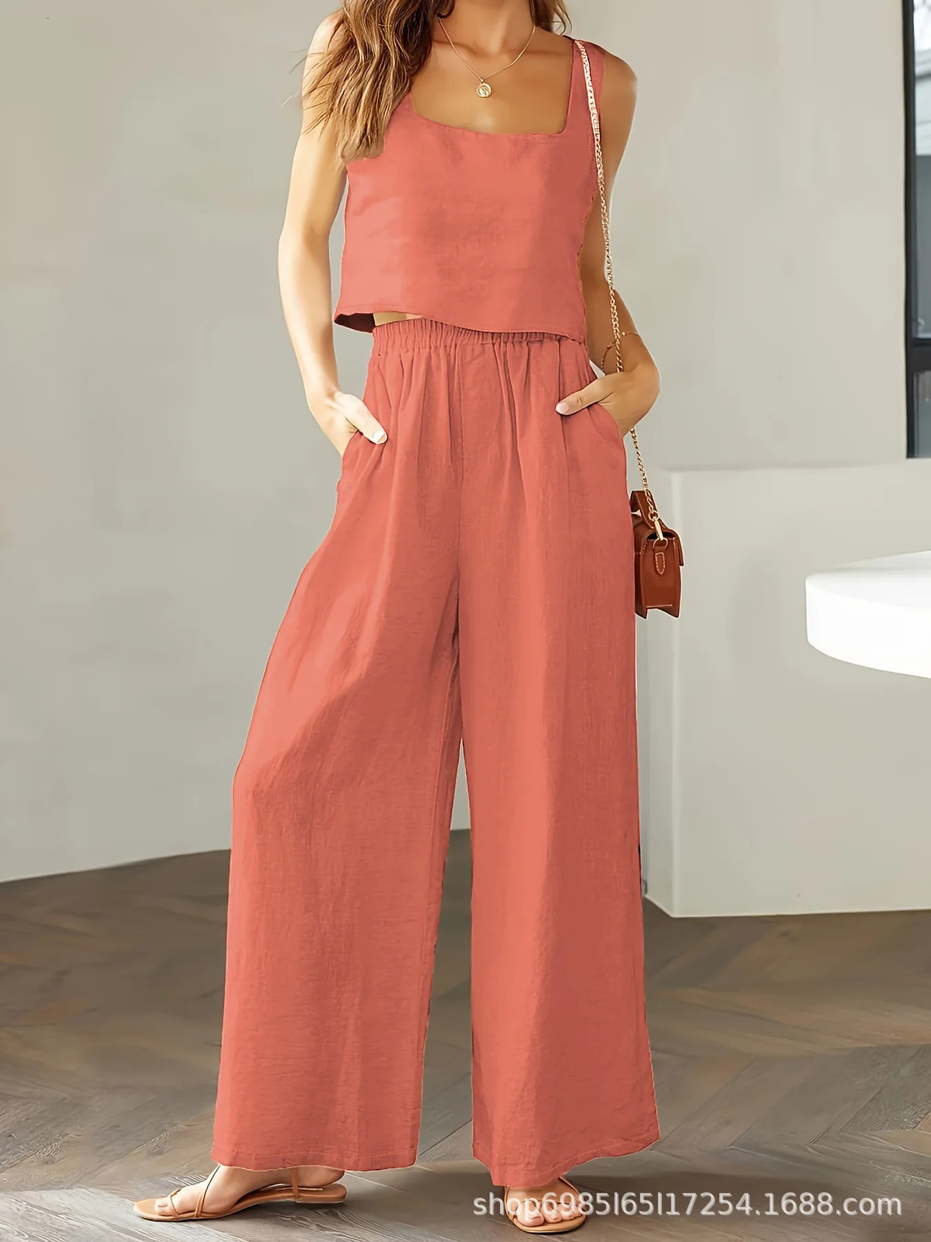 Womens summer 2-piece set sleeveless vest wide leg pants linen jumpsuit lounge matching beach set 250401