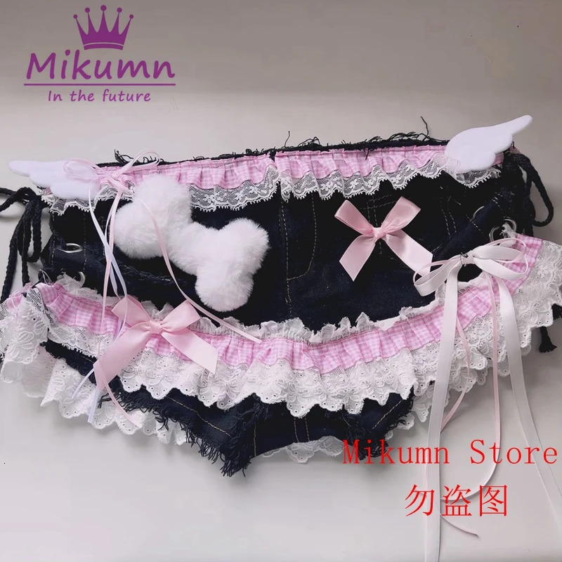 Mikumn Harajuku Y2k Women Sexy Lace Shorts Punk s Sweet Bow Angel Wing Bone Lace-up Low Waist Denim Shorts Jeans Streetwear 250407