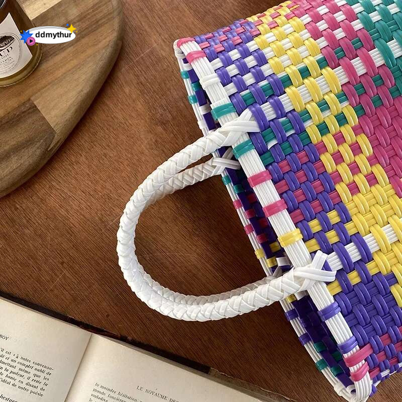 2024 New Vegetable Basket Summer Fashion PVC Handbag Hand Woven Bag Patchwork Striped Tote Beach Bags Purses and Handbags ddmythur