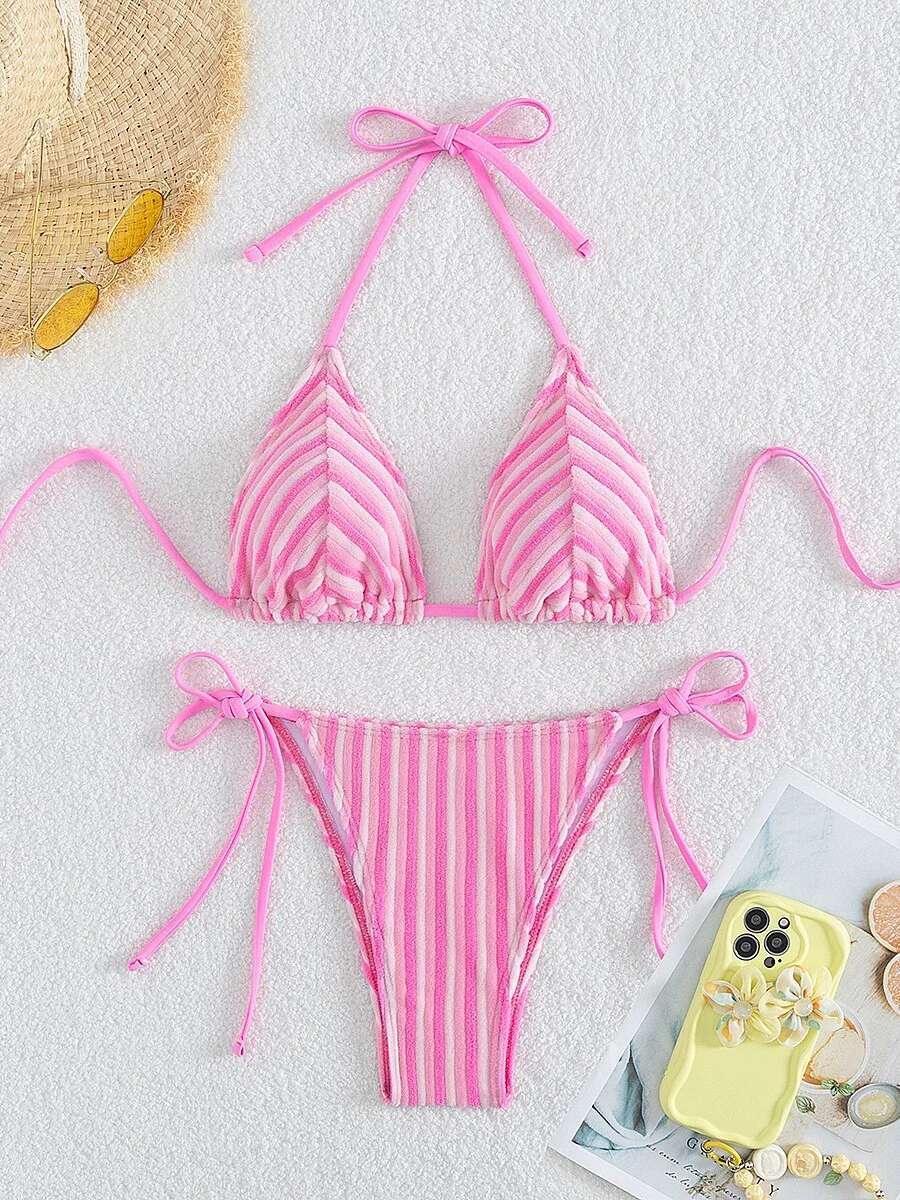 Dongdumaoyi Sexy Pink Stripe Bikini Set Women Halter Push Up Bra Tie Side Triangle Swimsuit Brazilian Beach Bathing Suit Micro Swimwear