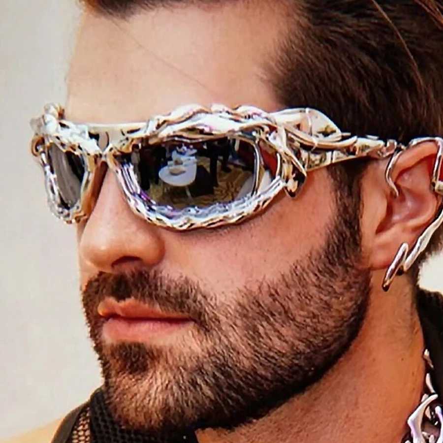 Unique Hip Hop Y2K Sunglasses For Women Men New Sports Twisted Sun Glasses Female Party Shades Silver Retro 2000s EyewearC250411