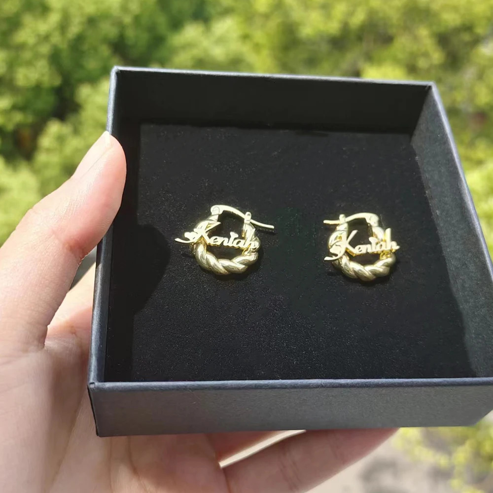 Personalized Custom Name Mini Earrings 18mm Small Twist Hoop Childrens Earrings Anniversaries Gift Family Friend Lovers Jewelry 250403