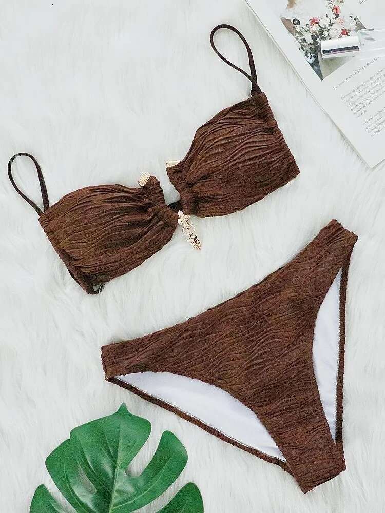 Dongdumaoyi Sexy Coffee Bikini Women Pleate Metal V Wire High Waist Swimsuit Summer Bathing Suit Holiday Two Piece Swimwear Biquini