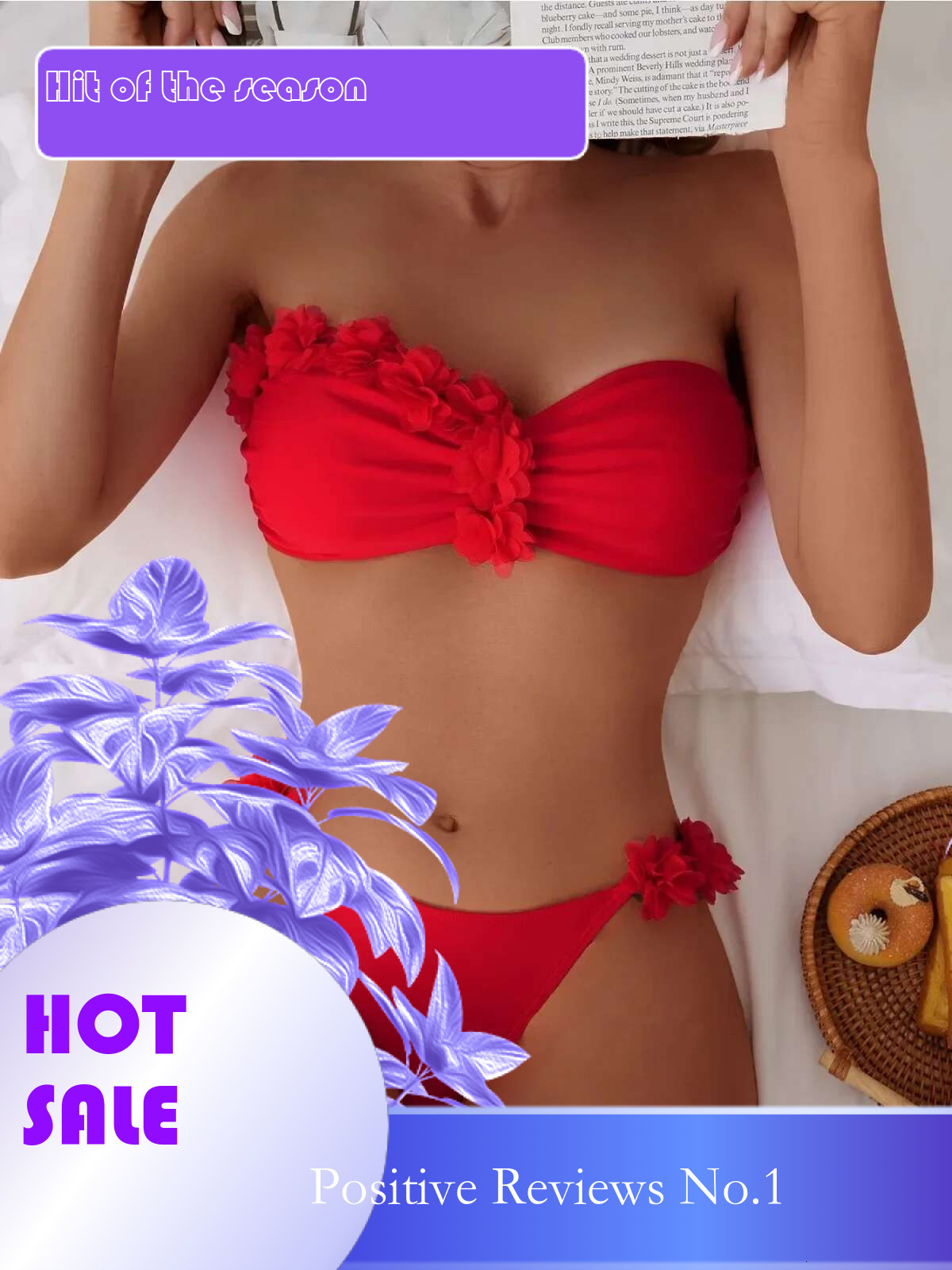 Dongdumaoyi New Red D Flower Two Piece Swimsuit Sexy Solid Color Strapless Bandeau Bikini Set Backless Thong Beach Vacation Swimwear