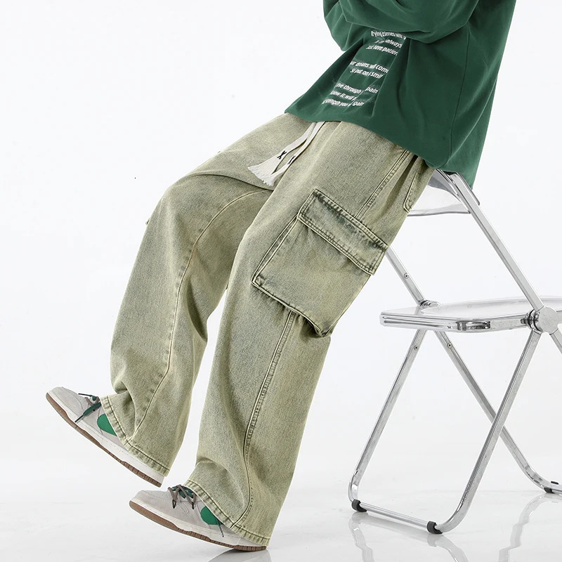 Autumn Mens Cargo Jeans Pocket US High Street Y2K Multi Pocket Youth Coat Fashion Street Clothing Retro Wide Leg Pants 250403