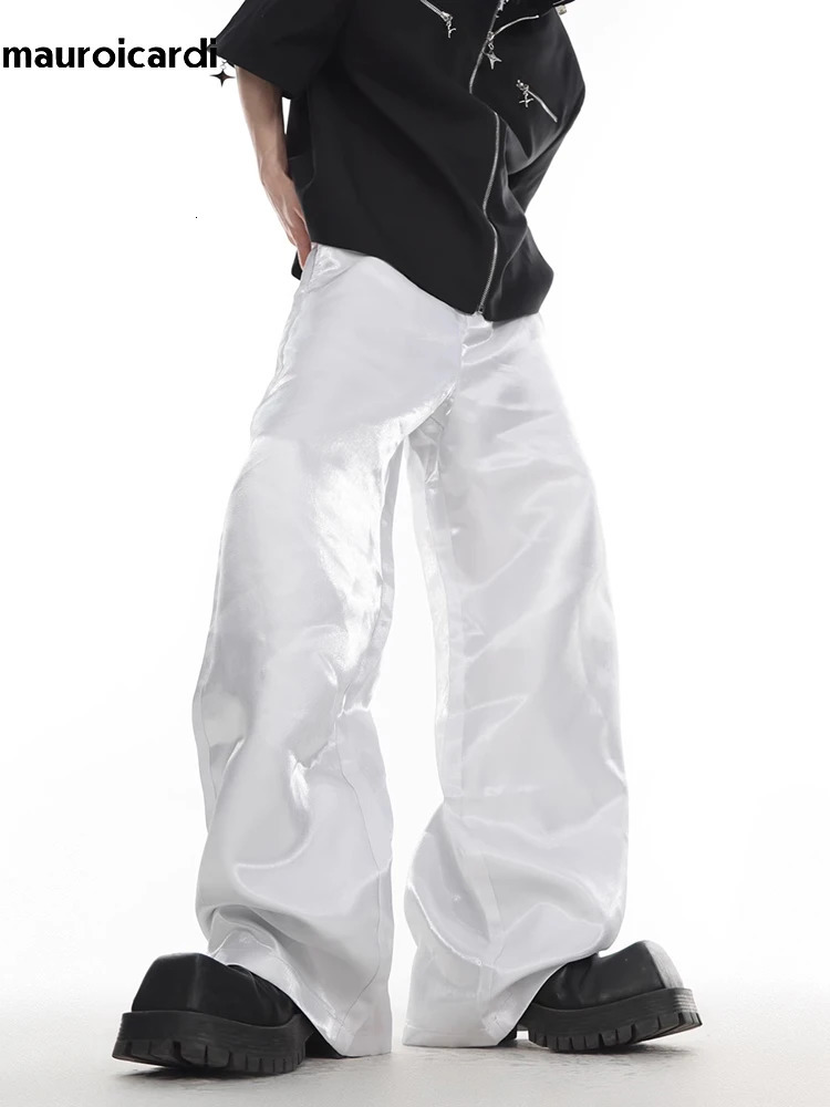 Mauroicardi autumn loose casual shiny wide leg pants mens luxury designer Y2K streetwear floor length Trousers 250403