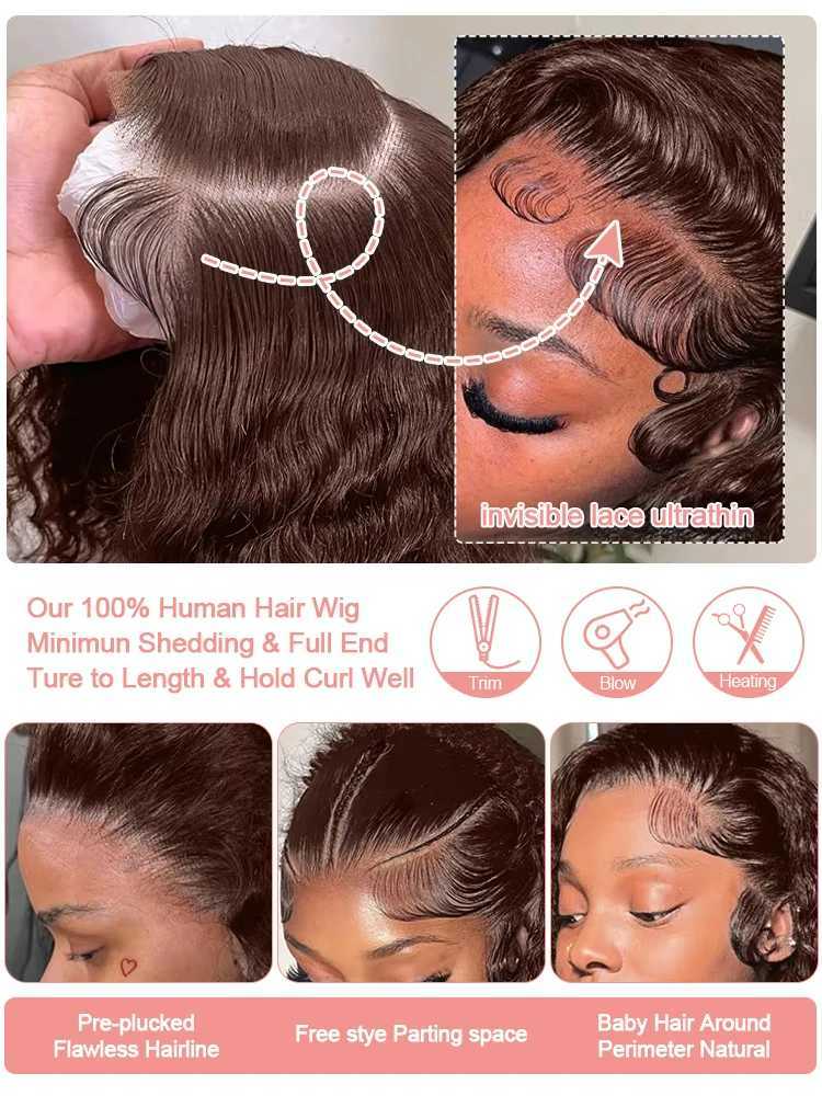200 Chocolate Brown Deep Wave Human Hair Wig 30 40Inch Transparent Lace Frontal Wigs For Women 13x6 Lace Front Water Curly Wigs W251107