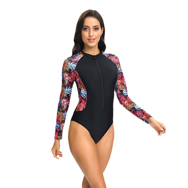 New one-piece long sleeved printed zipper tight triangle pants surfing suit swimsuit for women