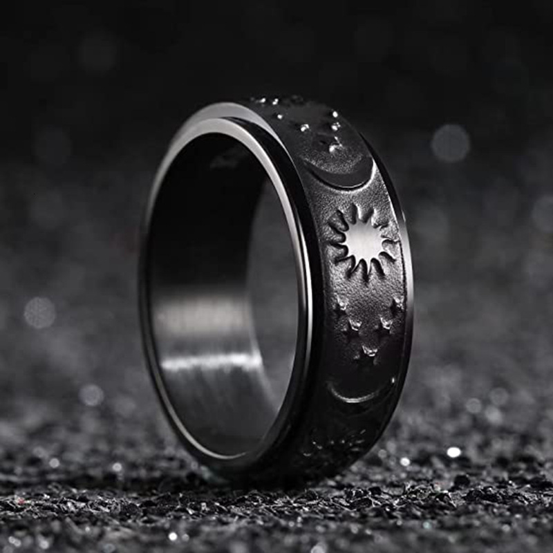 Top Source Star Moon Sun Titanium Steel Ring, Rotating Bohemian Style Stress Relieving Ring Jewelry