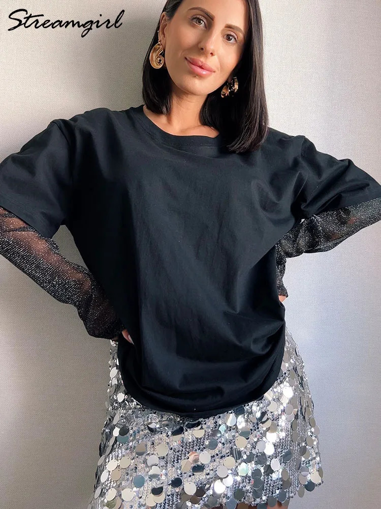 Bright Mesh Oversized Womens Long Sleeve Summer Silk Sunscreen Top Loose Sleeves Black Tshirt 250407