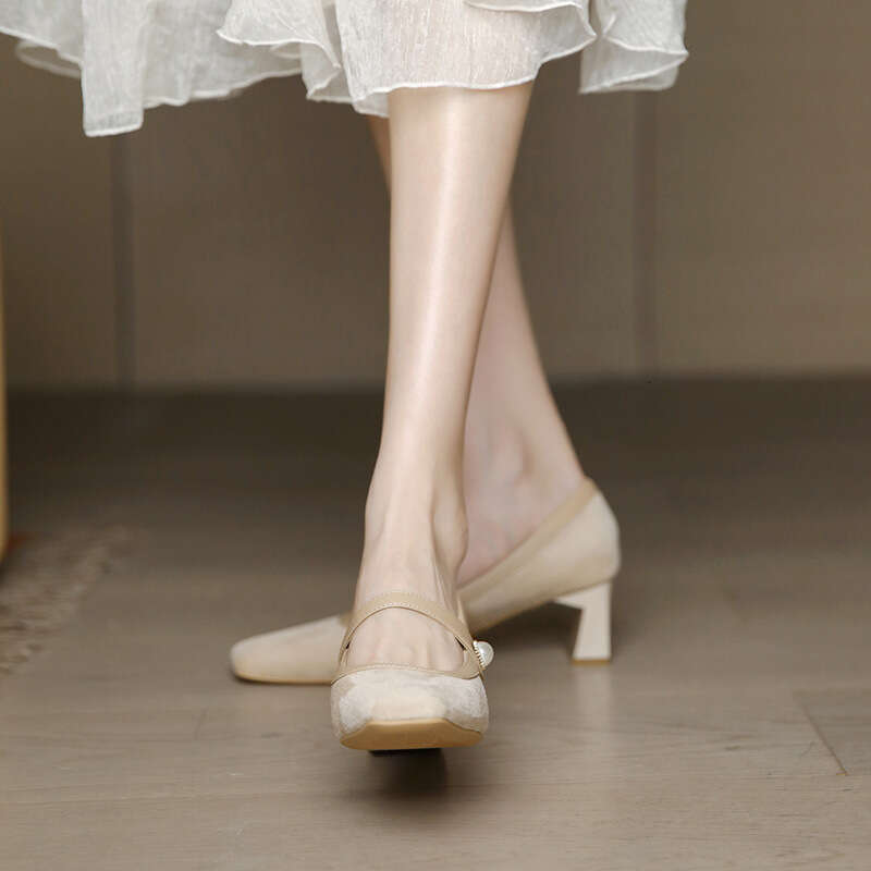 Free shipping Mary Jane High Heels Women, Chunky 2023 New Retro Style, Versatile With Dresses, French Style Mid Heel, Square Toe Single Shoes For Wome