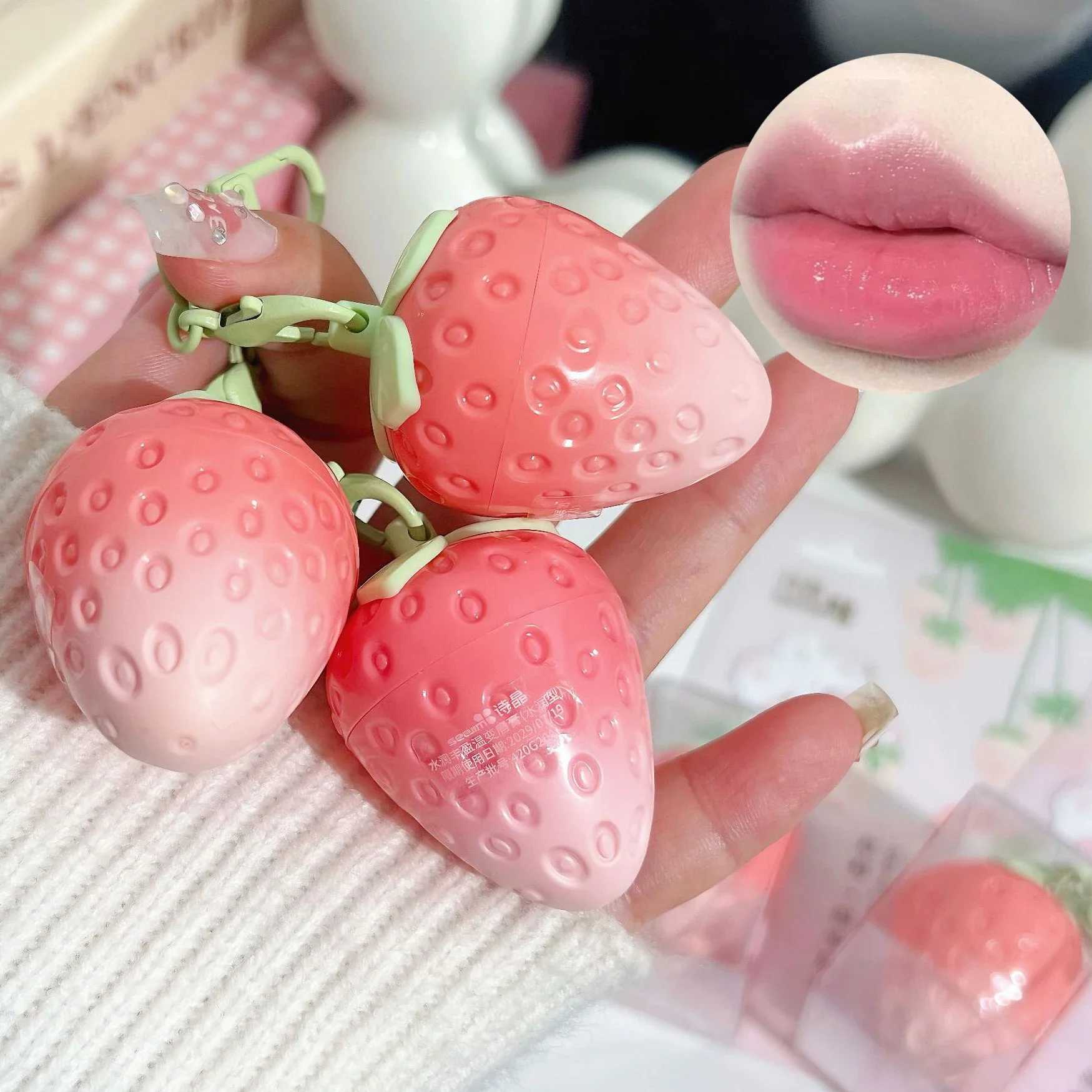 1 piece strawberry key chain warm lipstick durable natural pink lipstick color change lipstick fruit lipstick care makeup W250407