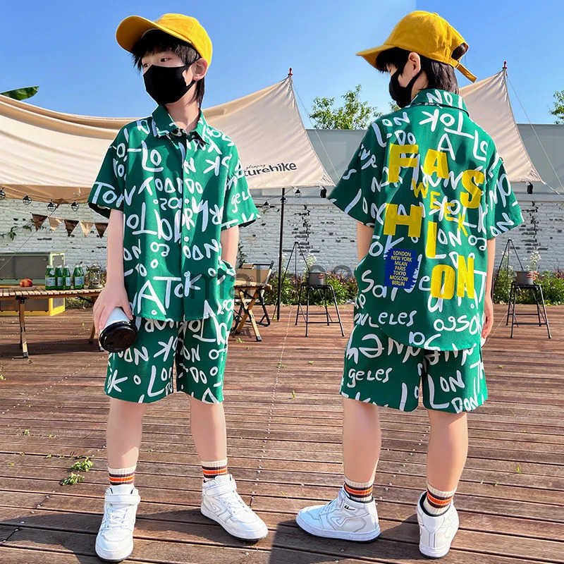 Summer set letter printed T-shirt+shorts 2 pieces sportswear youth boys party clothing 3-14 years J250403