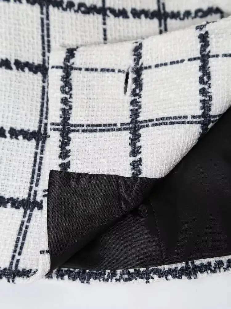 Women Black Plaid Texture Knitted Short Blazer Autumn Winter White Coat