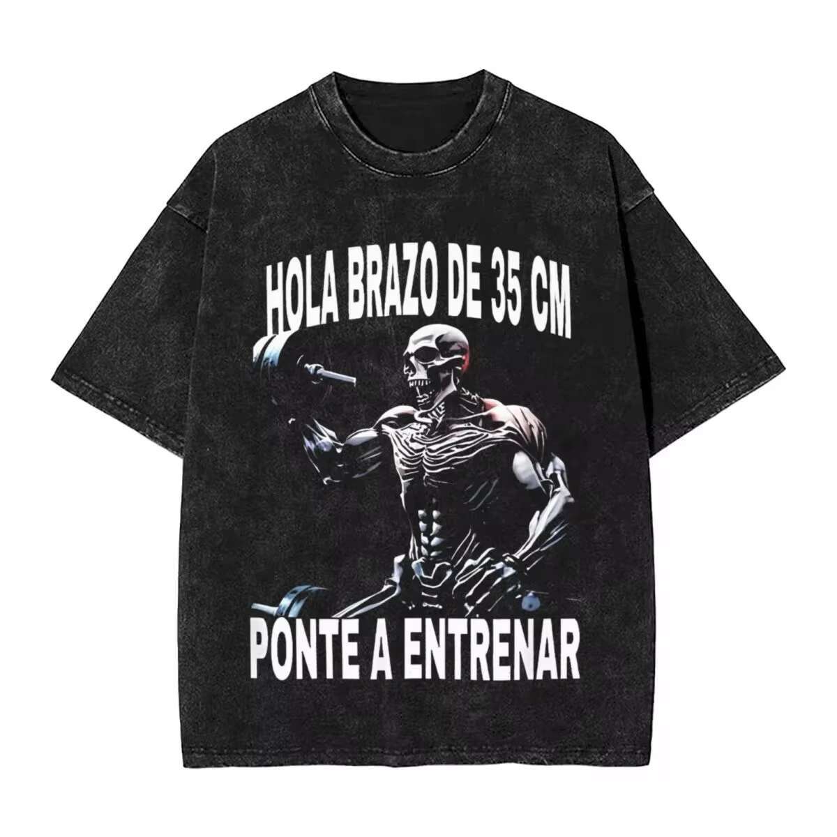 CREATINA Funny Skeleton Gym Washed T-Shirt Humorous Skull Vintage Tee Fiess Exercise Halloween Costume