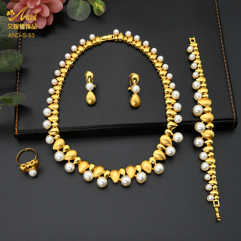 Dubai bride wedding zircon pearl necklace ring earring bracelet four piece set womens banquet Jewelry Set 230313
