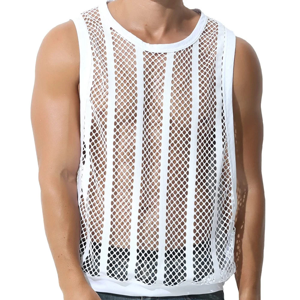 Elastic plus mesh top mens casual hollow sexy vest street clothing mens muscle tank top gym clothing 250403
