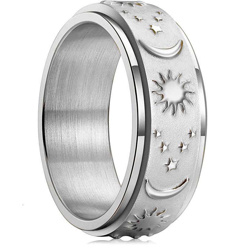 Top Source Star Moon Sun Titanium Steel Ring, Rotating Bohemian Style Stress Relieving Ring Jewelry