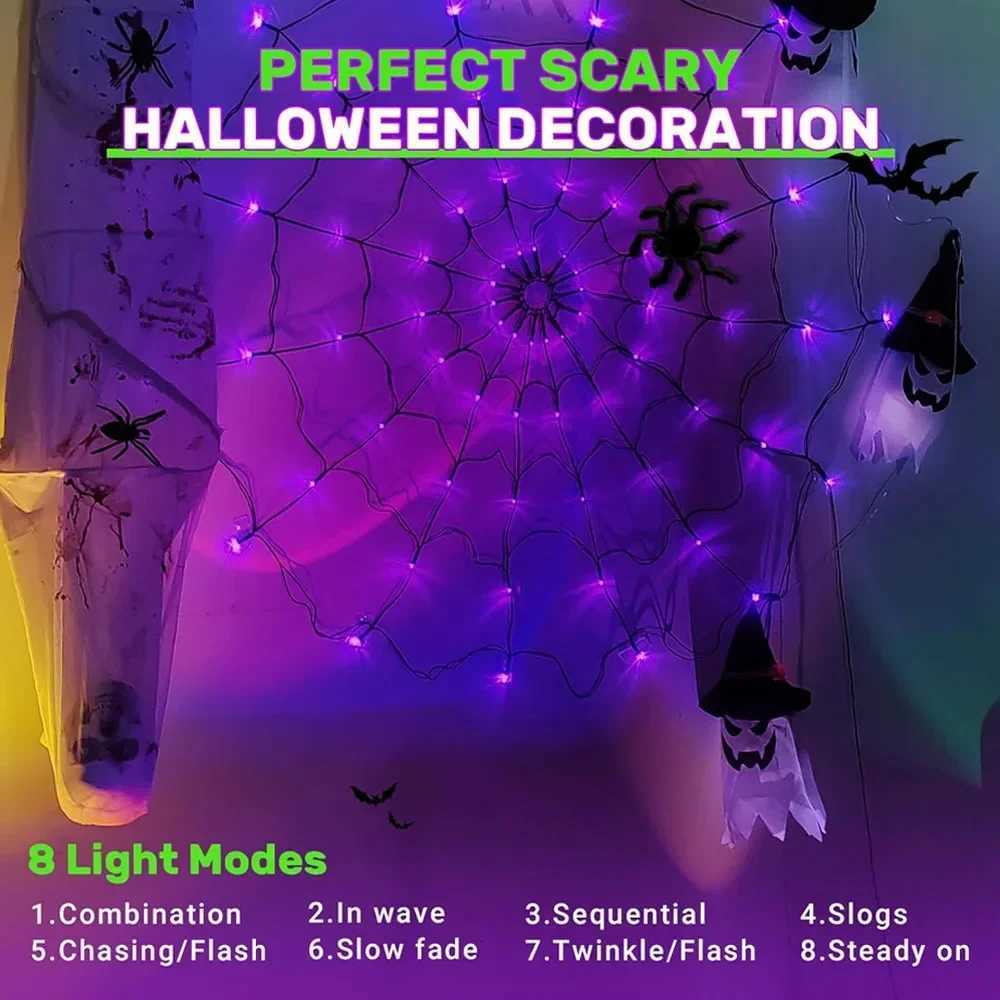 Halloween Window Decorations Purple Spider Web String Lights with 70 LEDs Battery Powered Remote Control 8 Modes for Party Decor W251107