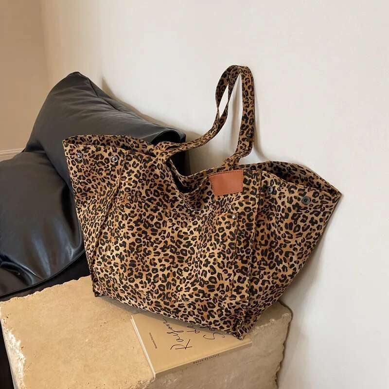 Tide All-Match Leopard Pattern Shoulder Big Capacity Canvas Handbag School Commutingtote Bag Women
