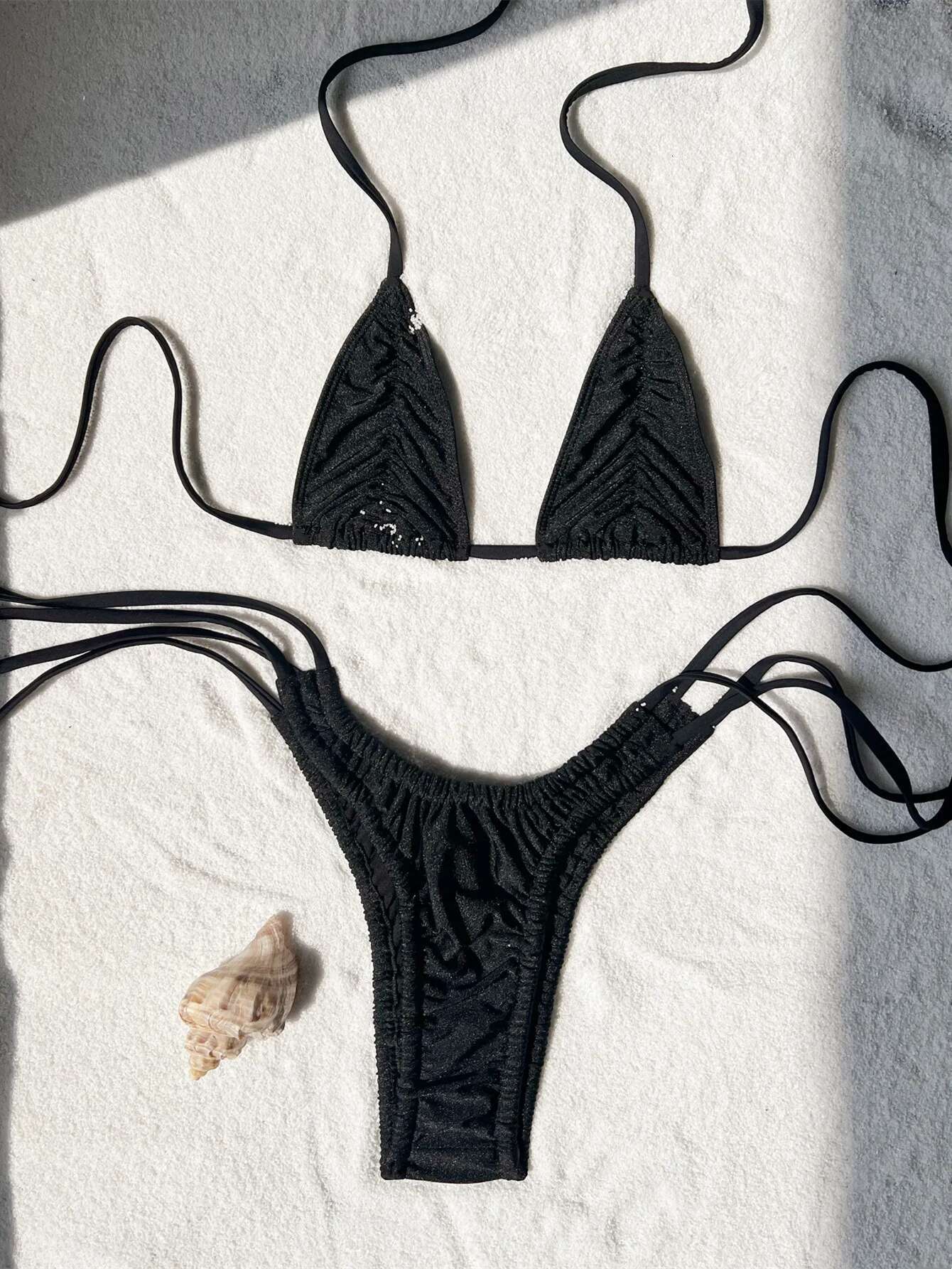 Dongdumaoyi Sexy Pleate Micro Bikini Women Halter Black Push Up Bra Drawstring Side Thong Swimsuit Beach Bandage Bathing Suit Swimwear