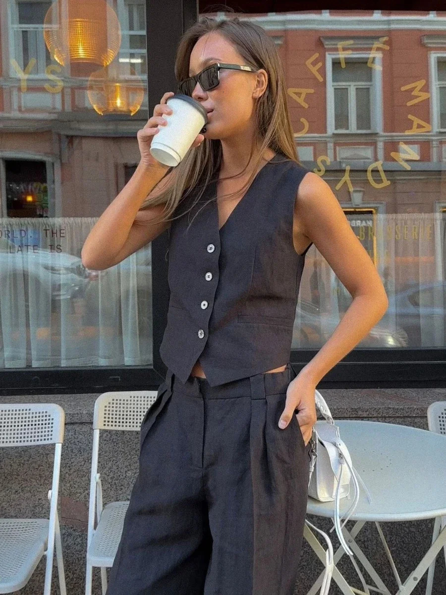 Bronladies womens linen cotton chic vest pants set two-piece office womens summer chic two-piece set womens clothing 250401