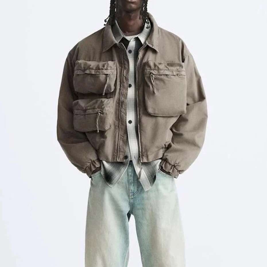 Vintage Multi-pockets Lapel Windbreaker Mens Workwear Jacket High Street Casual Loose Fall Coat Oversized Baggy Unisex Clothes